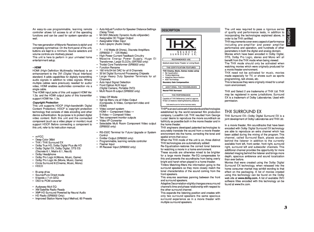 Marantz SR8002, SR7002 manual English, • Hdmi, Copyright Protection, Description 