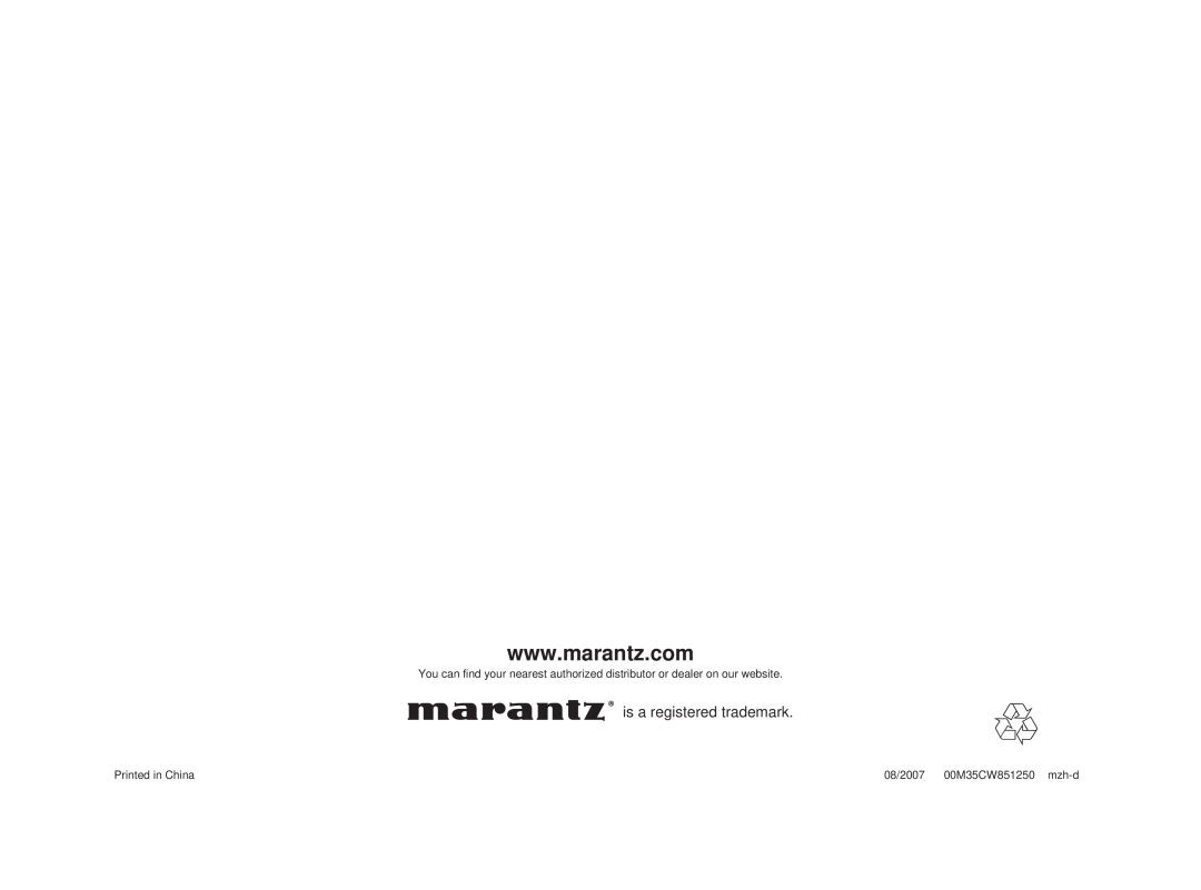 Marantz SR8002, SR7002 manual is a registered trademark, Printed in China, 08/2007 00M35CW851250 mzh-d 