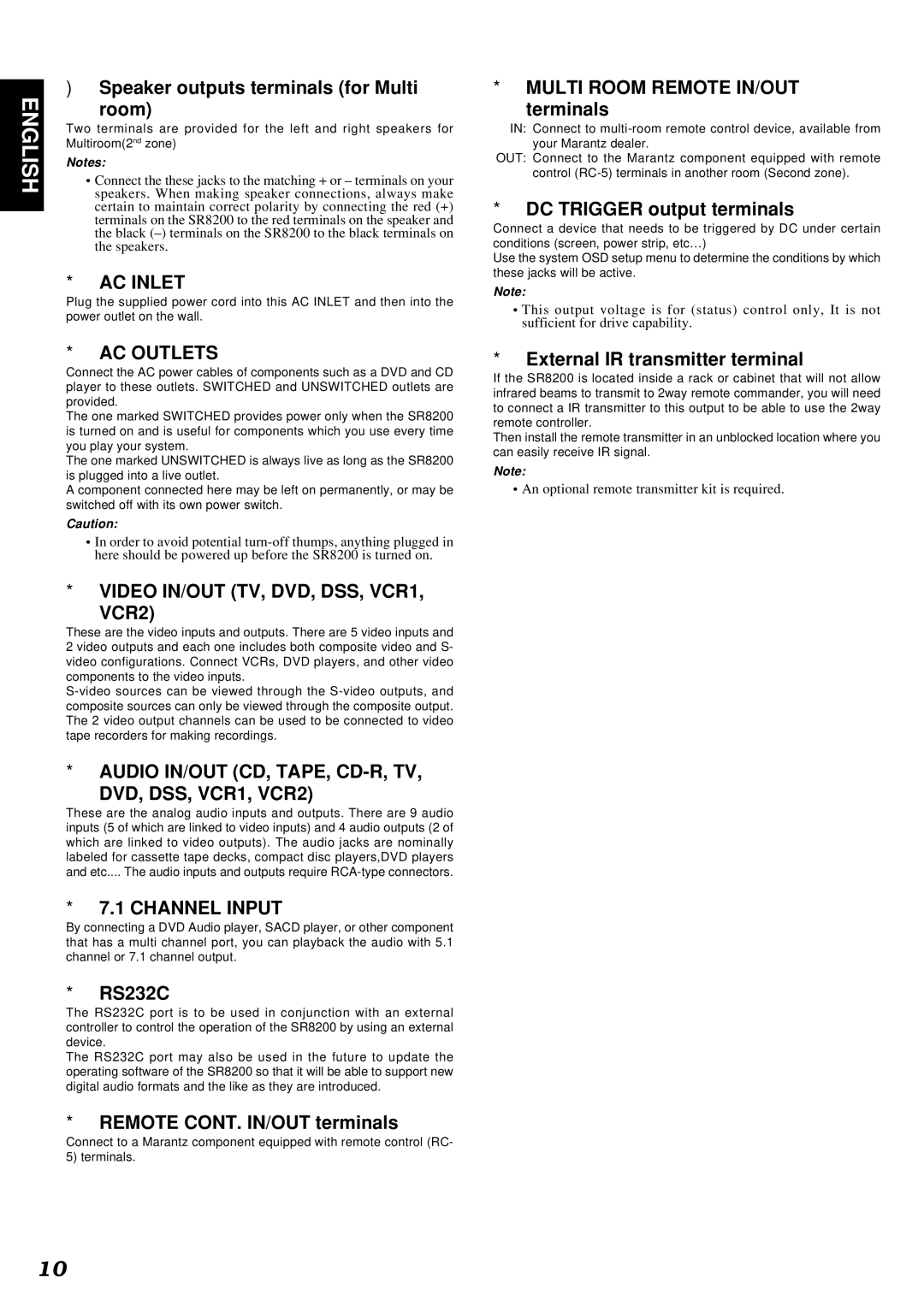 Marantz SR8200 manual ⁄0AC Inlet, ⁄1AC Outlets, ⁄2VIDEO IN/OUT TV, DVD, DSS, VCR1 VCR2, ⁄47.1 Channel Input 