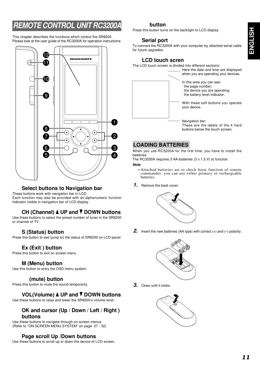 Marantz SR8200 manual Loading Batteries 