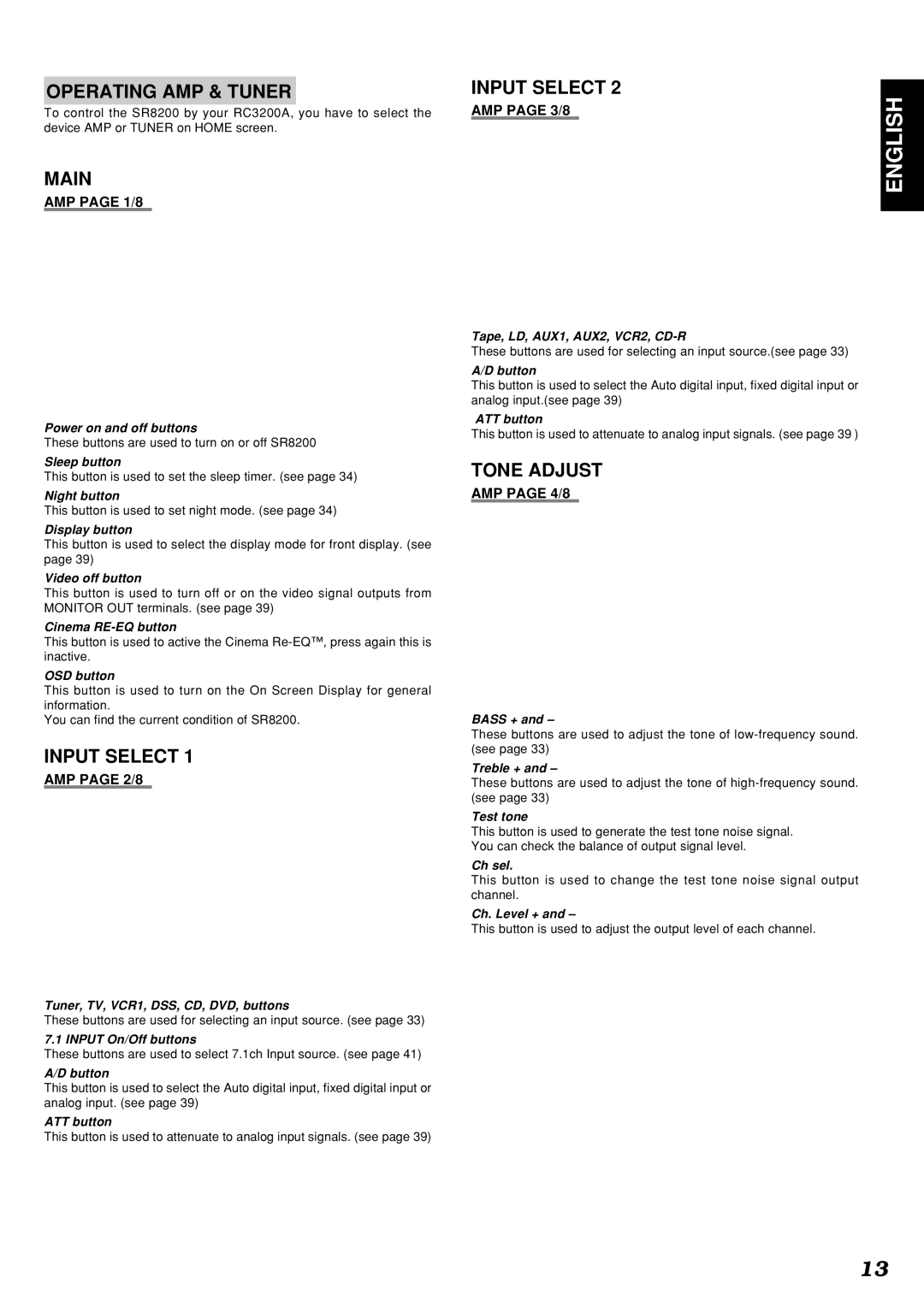Marantz SR8200 manual Operating AMP & Tuner, Main, Input Select, Tone Adjust 