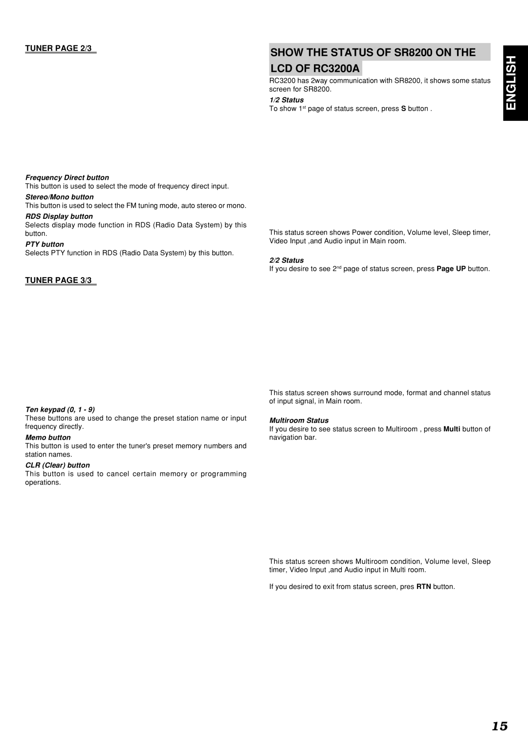 Marantz manual Show the Status of SR8200 on LCD of RC3200A, Tuner page 2/3, Tuner page 3/3 