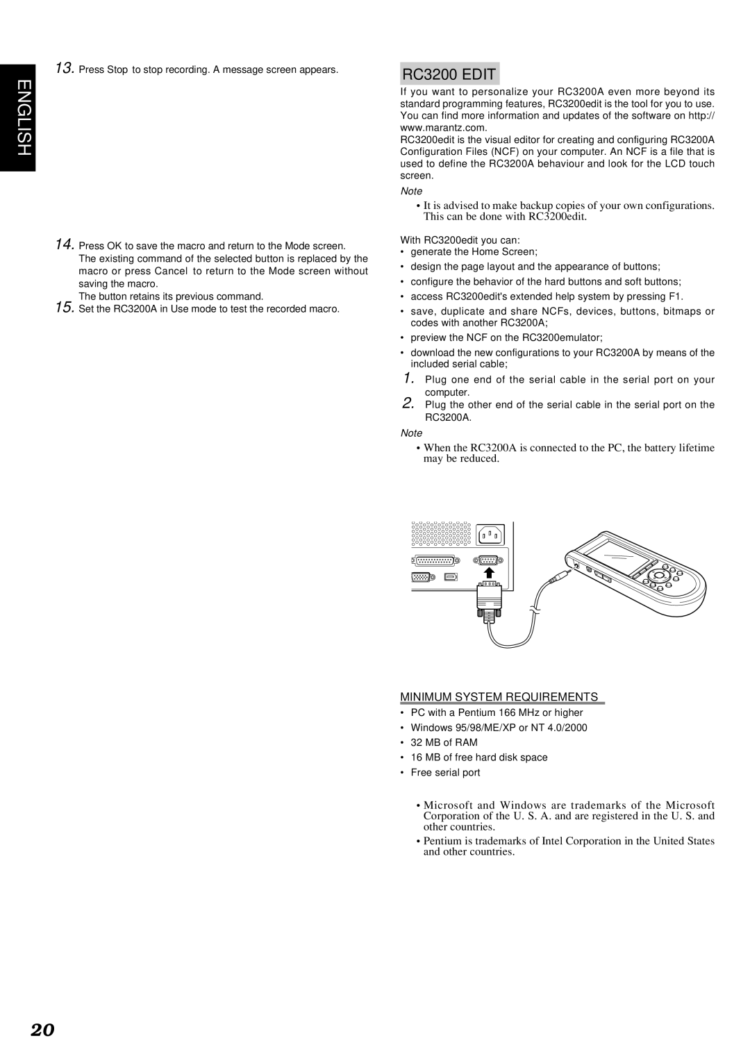 Marantz SR8200 manual RC3200 Edit, Minimum System Requirements 