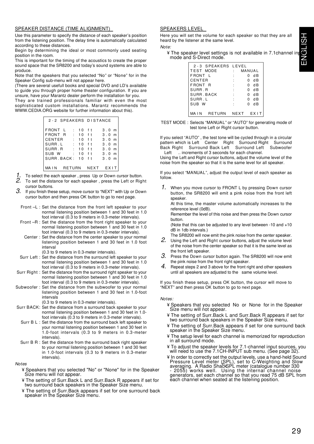 Marantz SR8200 manual Speaker Distance Time Alignment, Speakers Level 