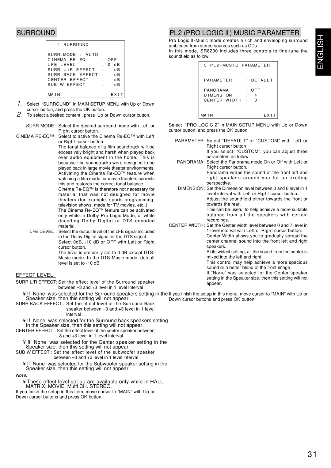 Marantz SR8200 manual Surround, PL2 PRO Logic II Music Parameter, Effect Level 