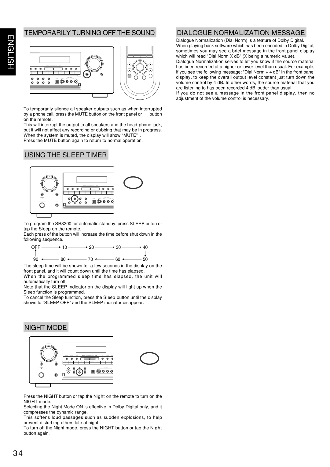 Marantz SR8200 manual Using the Sleep Timer, Night Mode, Dialogue Normalization Message 