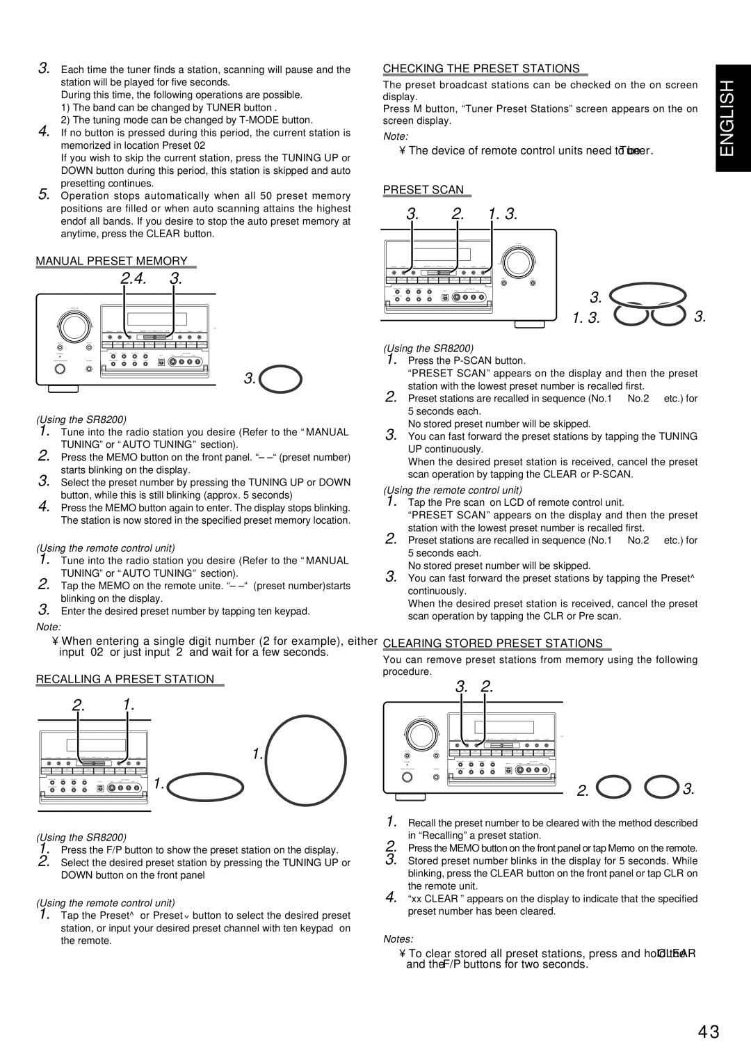 Marantz SR8200 manual Manual Preset Memory, Recalling a Preset Station, Checking the Preset Stations, Preset Scan 