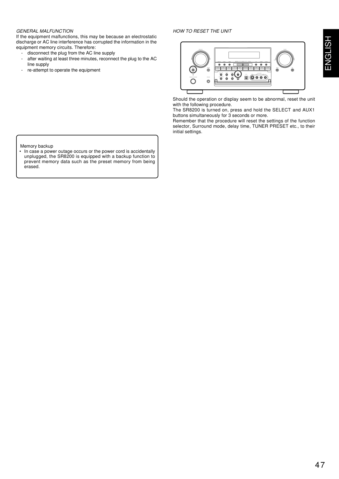 Marantz SR8200 manual General Malfunction, Memory backup 