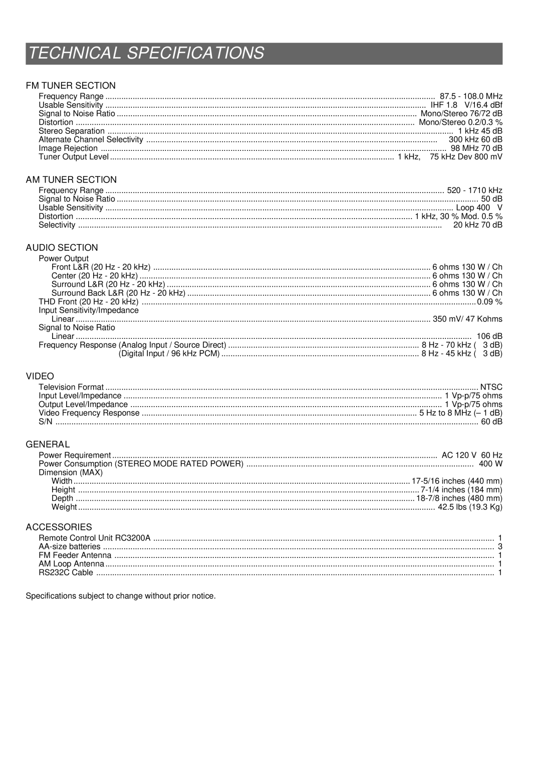 Marantz SR8200 manual Technical Specifications, FM Tuner Section 