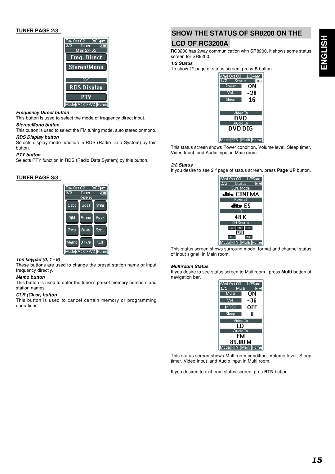 Marantz SR8200 English, TUNER PAGE 2/3, TUNER PAGE 3/3, Frequency Direct button, Stereo/Mono button, RDS Display button 