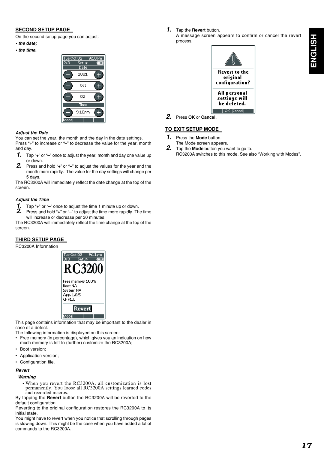 Marantz SR8200 English, Second Setup Page, Third Setup Page, To Exit Setup Mode, •the date •the time, Adjust the Date 