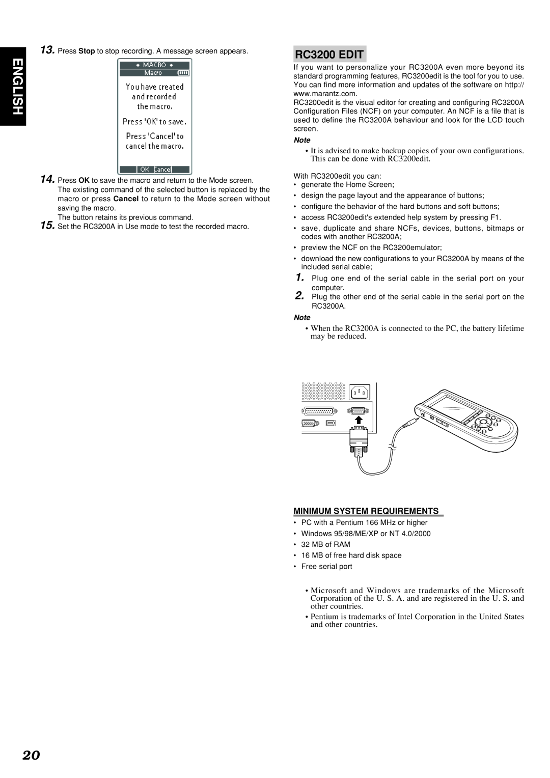 Marantz SR8200 manual English, RC3200 EDIT, Minimum System Requirements 