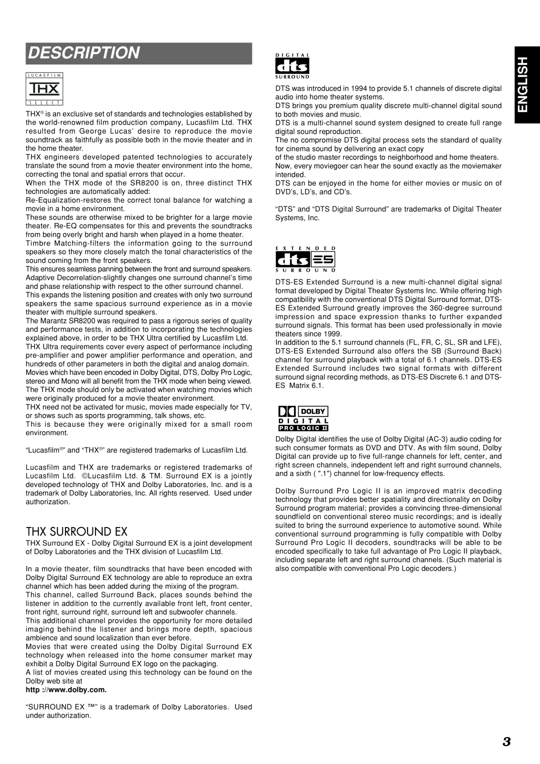 Marantz SR8200 manual Description, English 