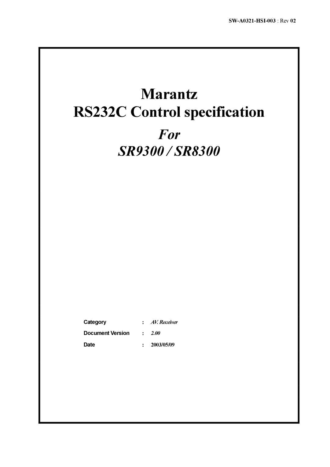 Marantz SR8300 manual Category, Document Version Date 