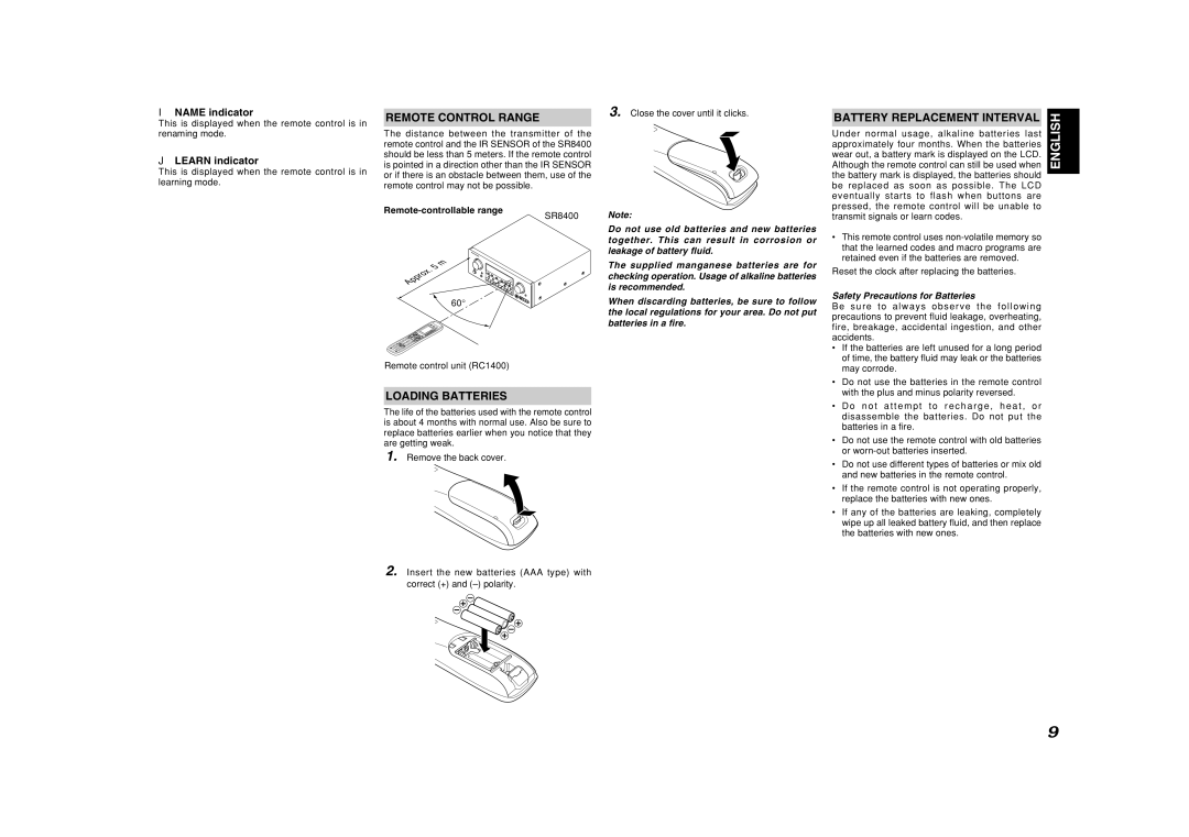 Marantz SR8400 manual Remote Control Range, Battery Replacement Interval, Loading Batteries, Remote-controllable range 