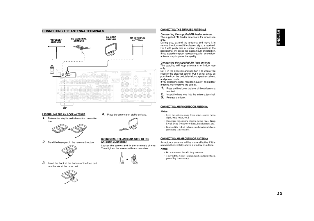 Marantz SR8400 manual Connecting the Antenna Terminals, Place the antenna on stable surface 