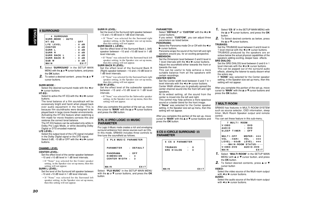 Marantz SR8400 manual PL II PRO Logic II Music Parameter, CS II Circle Surround Parameter, Multi Room 