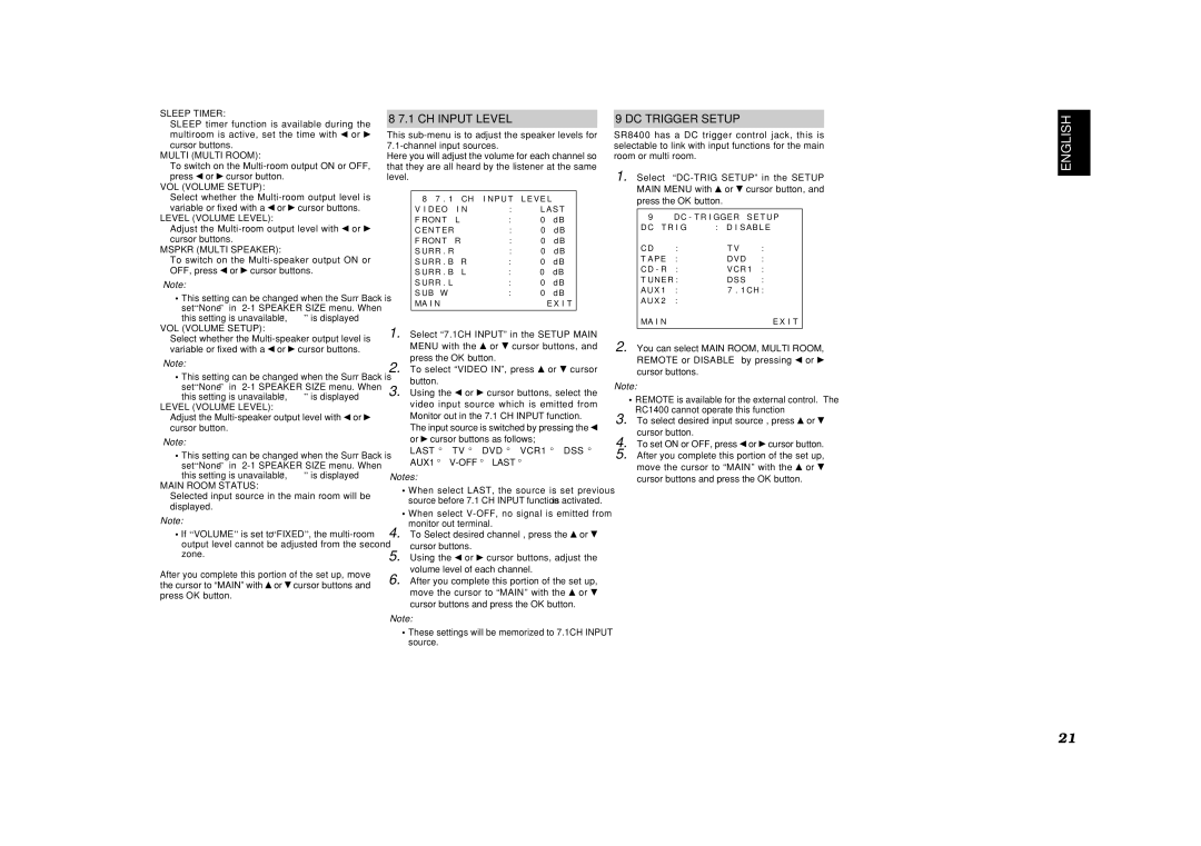 Marantz SR8400 manual CH Input Level, DC Trigger Setup 