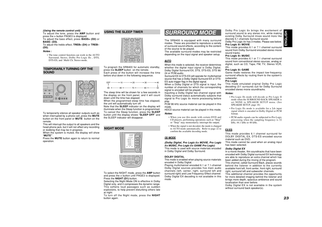 Marantz SR8400 manual Surround Mode, Temporarily Turning OFF Sound, Using the Sleep Timer, Dolby Digital EX 