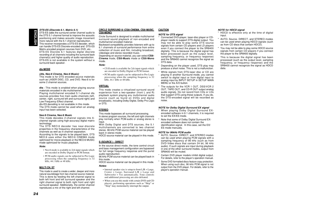 Marantz SR8400 manual DTS-ES Discrete 6.1, Matrix, Dts, Neo6 Cinema, Neo6 Music, This mode bypasses all surround processing 