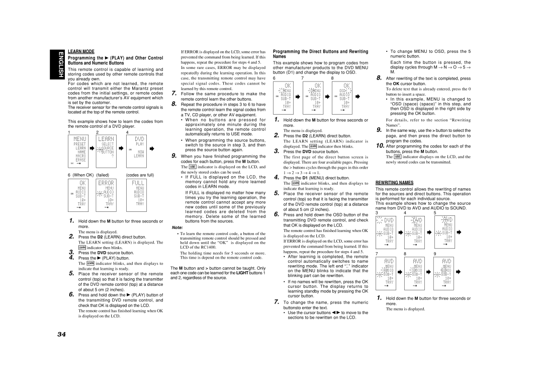 Marantz SR8400 manual This remote control is capable of learning, Storing codes used by other remote controls that 