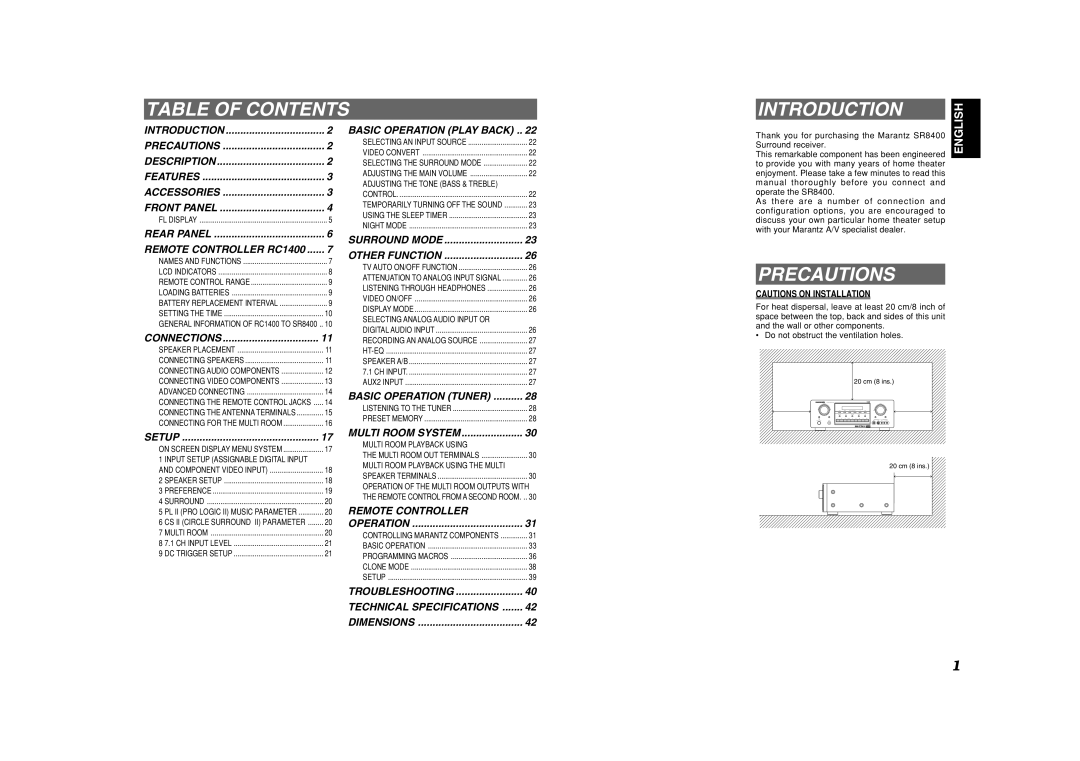 Marantz SR8400 manual Table of Contents Introduction, Precautions 