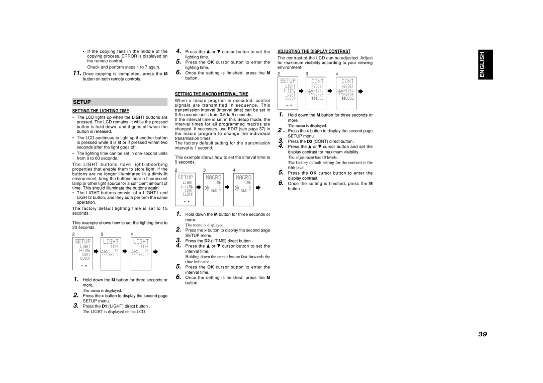 Marantz SR8400 manual Setup, Setting the Lighting Time, Setting the Macro Interval Time, Adjusting the Display Contrast 