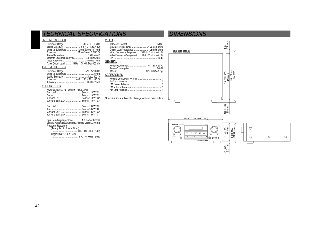 Marantz SR8400 manual Technical Specifications Dimensions 