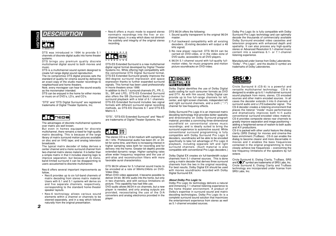 Marantz SR8400 manual Description, About Dolby Pro Logic 