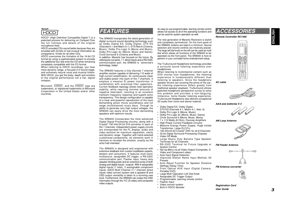 Marantz SR8400 manual Features, Accessories, Remote Controller RC1400 