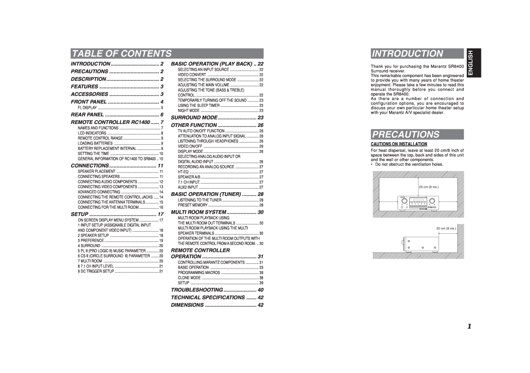 Marantz SR8400 manual Table Of Contents, Introduction, Precautions, English 
