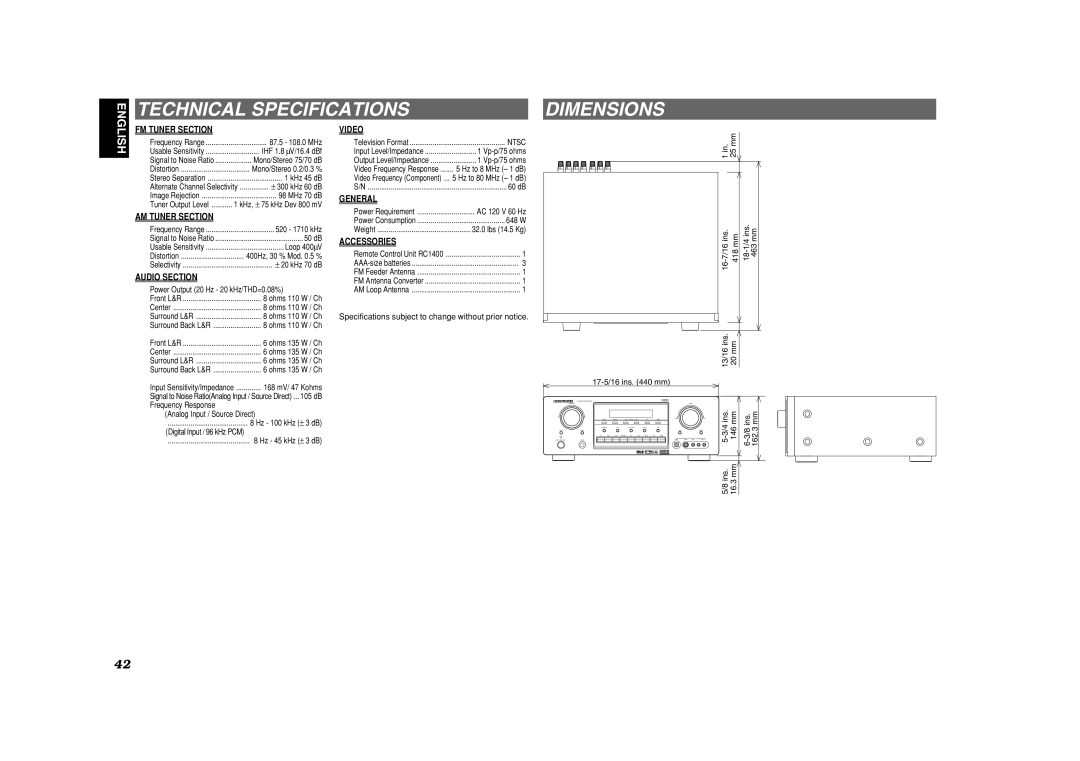 Marantz SR8400 Technical Specifications, Dimensions, English, Fm Tuner Section, Am Tuner Section, Audio Section, Video 