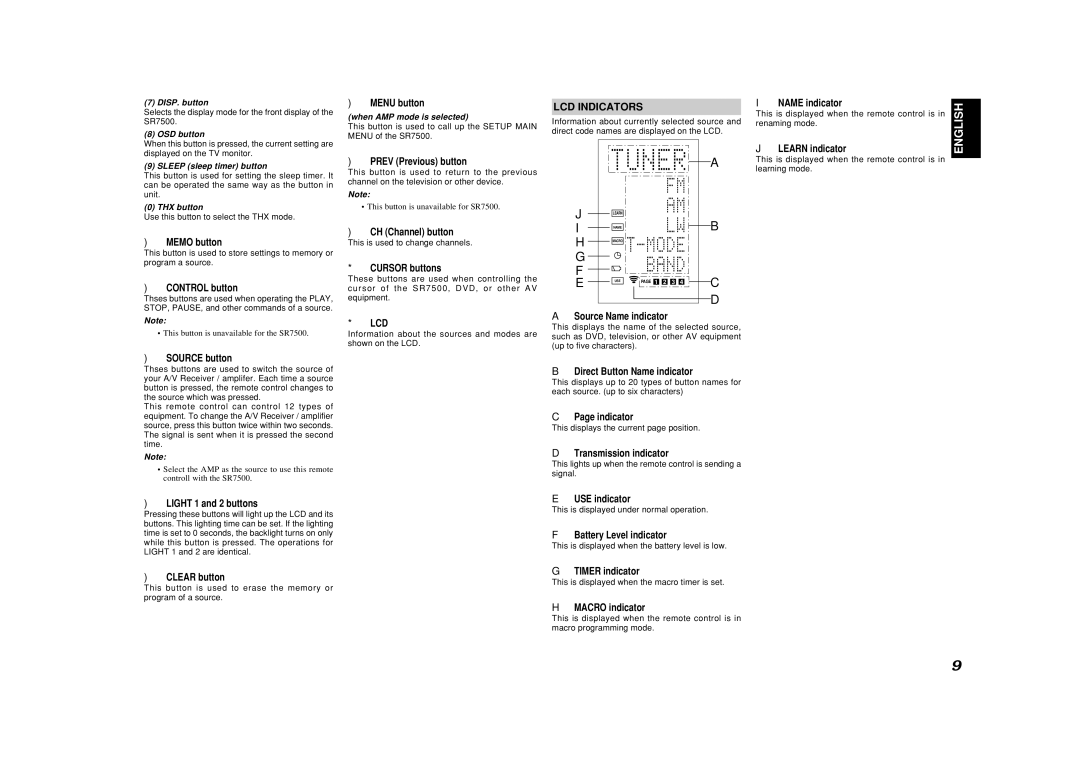 Marantz SR7500, SR8500 manual LCD Indicators, DISP. button, OSD button, Sleep sleep timer button, THX button 