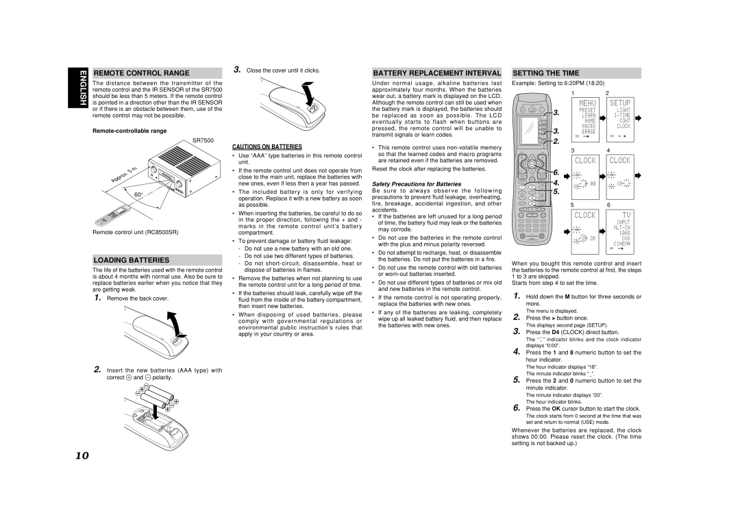 Marantz SR8500, SR7500 manual Remote Control Range, Battery Replacement Interval, Setting the Time, Loading Batteries 