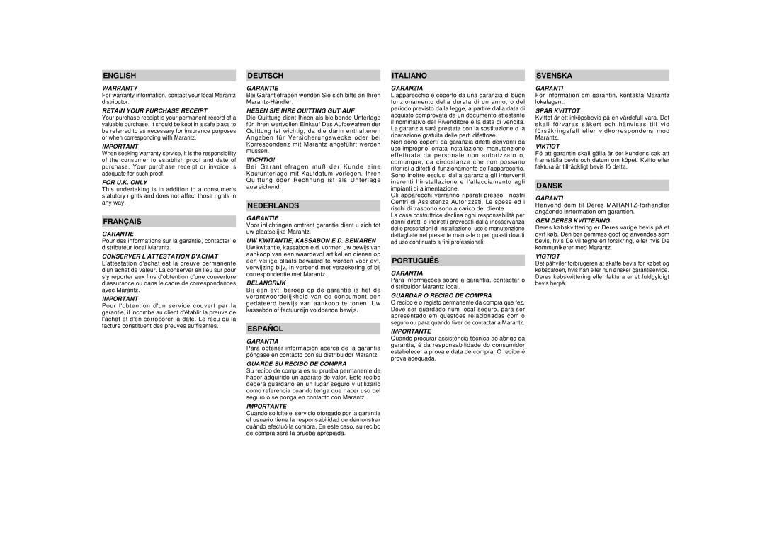 Marantz SR8500, SR7500 manual English, Français, Deutsch, Nederlands, Español, Italiano, Português, Svenska, Dansk 