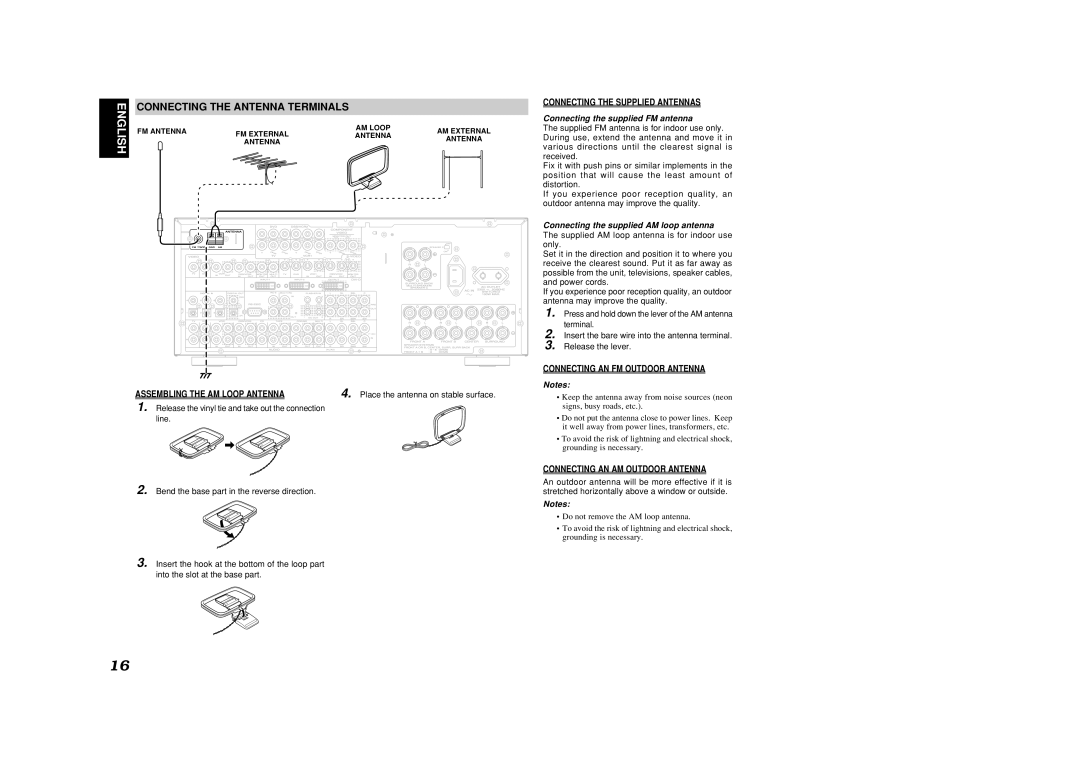 Marantz SR8500 Connecting the Antenna Terminals, Place the antenna on stable surface, Connecting the supplied FM antenna 