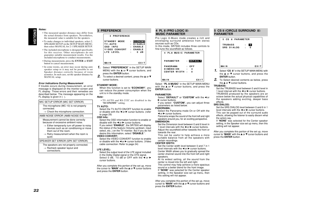 Marantz SR8500, SR7500 manual Preference, PL II PRO Logic II Music Parameter, CS II Circle Surround II Parameter 