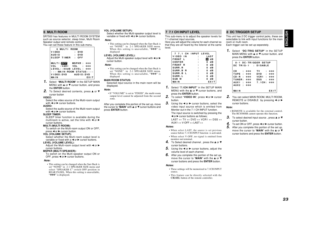 Marantz SR7500, SR8500 manual Multi Room, CH Input Level, DC Trigger Setup 