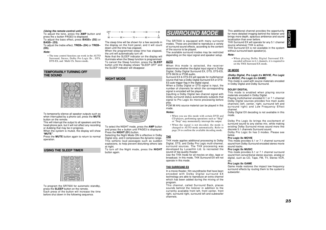 Marantz SR7500, SR8500 manual Surround Mode, Temporarily Turning OFF Sound, Using the Sleep Timer, Night Mode, Dolby Digital 