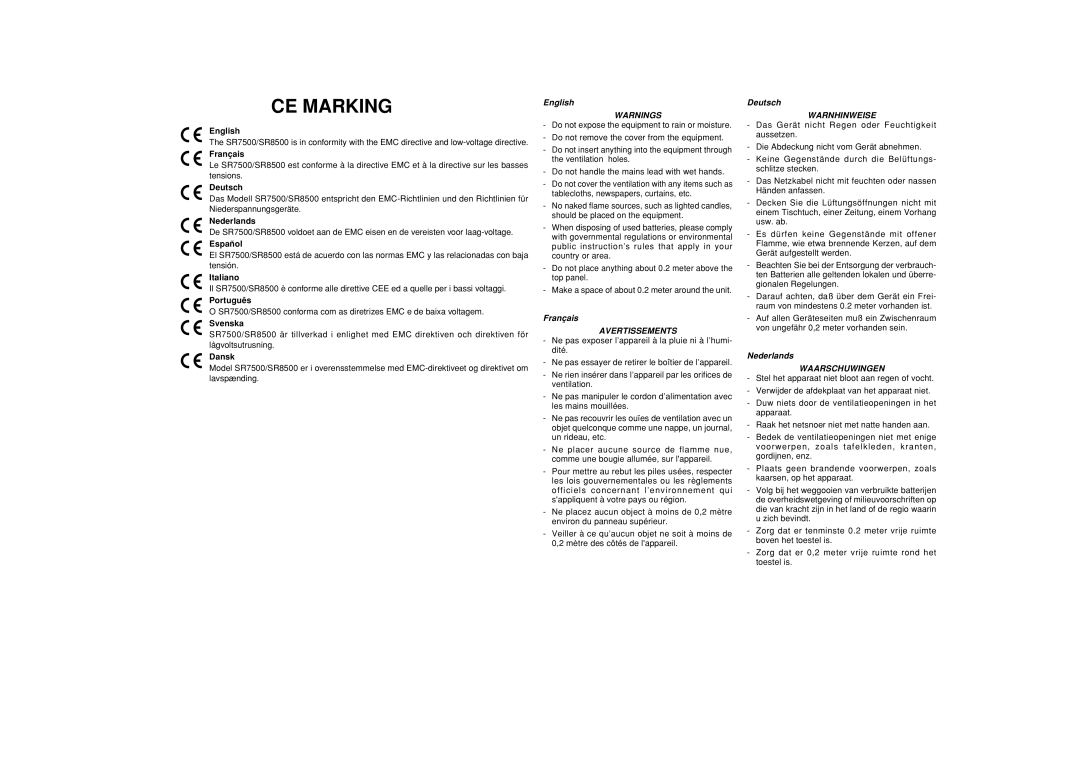 Marantz SR7500, SR8500 manual English, Français, Deutsch, Nederlands 