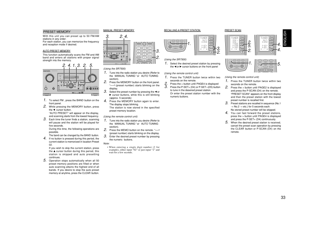 Marantz SR7500, SR8500 manual Or enter the preset station number with the numeric buttons, Auto Preset Memory 