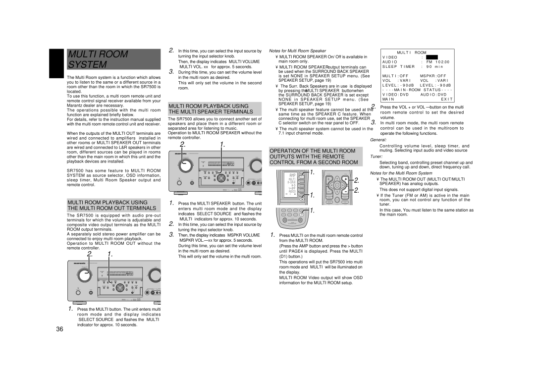 Marantz SR8500, SR7500 manual System, Multi Room Playback Using Multi Speaker Terminals, Multi Room OUT Terminals 