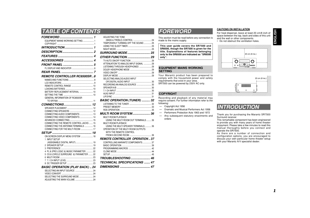 Marantz SR7500, SR8500 manual Table of Contents Foreword, Introduction 