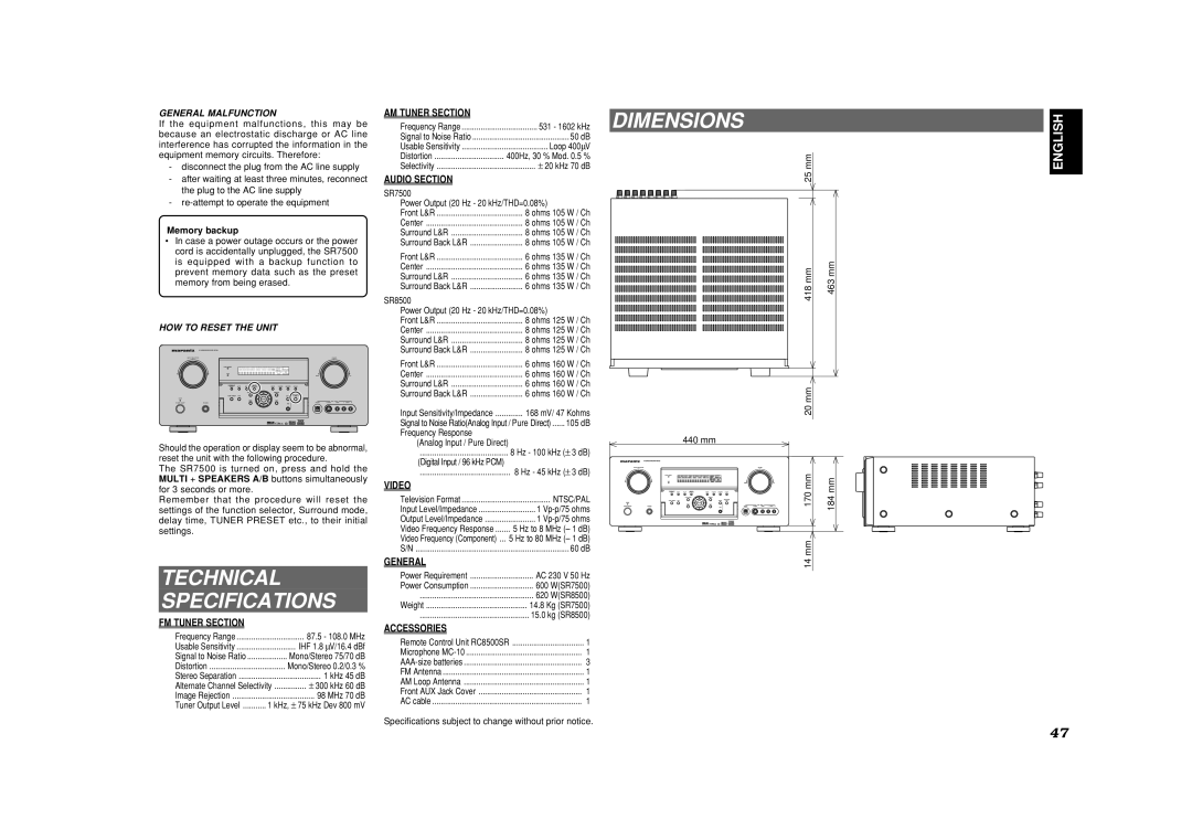 Marantz SR7500, SR8500 manual Technical Specifications, Dimensions 