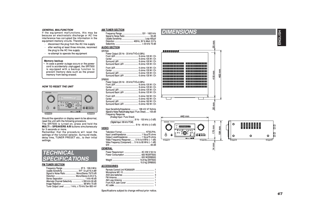 Marantz SR7500 440mmmm mm20 mm, Technical Specifications, Dimensions, mm14, English, Fm Tuner Section, Am Tuner Section 