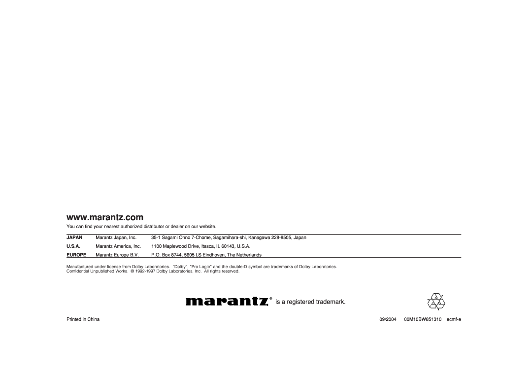 Marantz SR8500, SR7500 manual is a registered trademark, Japan, U.S.A, Europe 