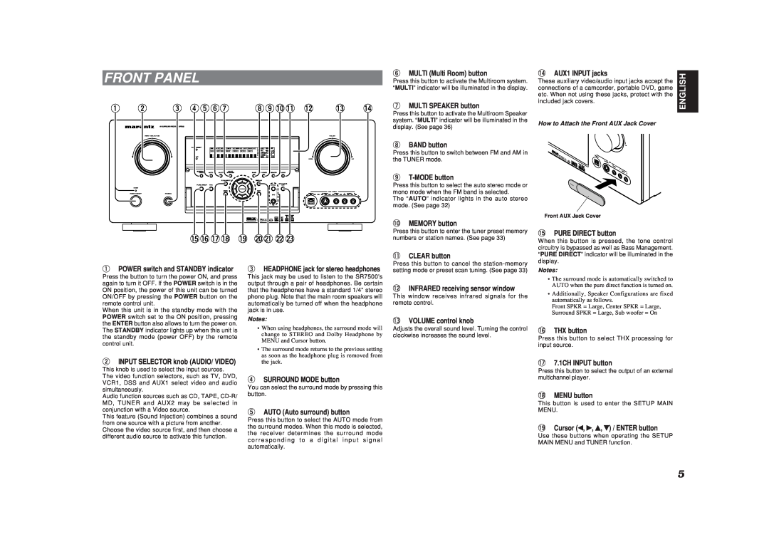 Marantz SR7500, SR8500 manual Front Panel, e rtyu, io!0!1!2, English, How to Attach the Front AUX Jack Cover 