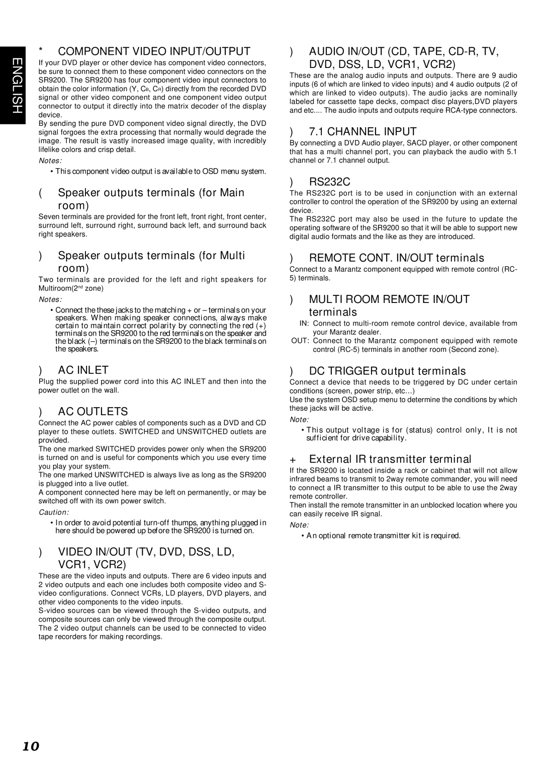 Marantz SR9200 manual Component Video INPUT/OUTPUT, ⁄1AC Inlet, ⁄2AC Outlets, ⁄3VIDEO IN/OUT TV, DVD, DSS, LD VCR1, VCR2 
