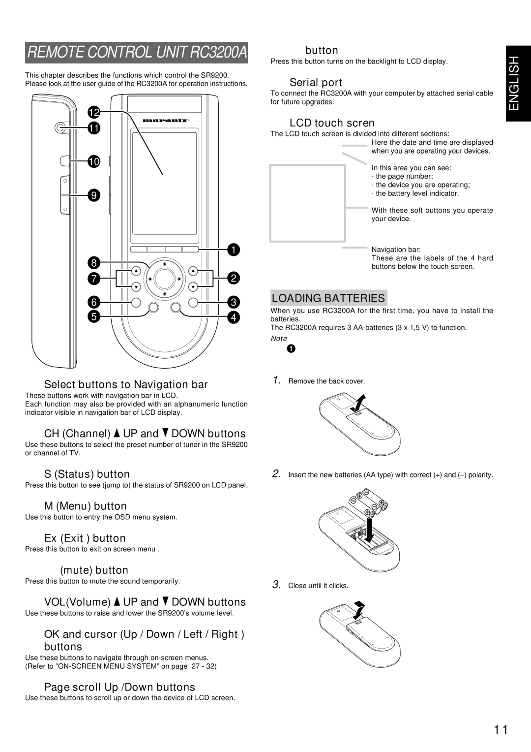 Marantz SR9200 manual Loading Batteries 