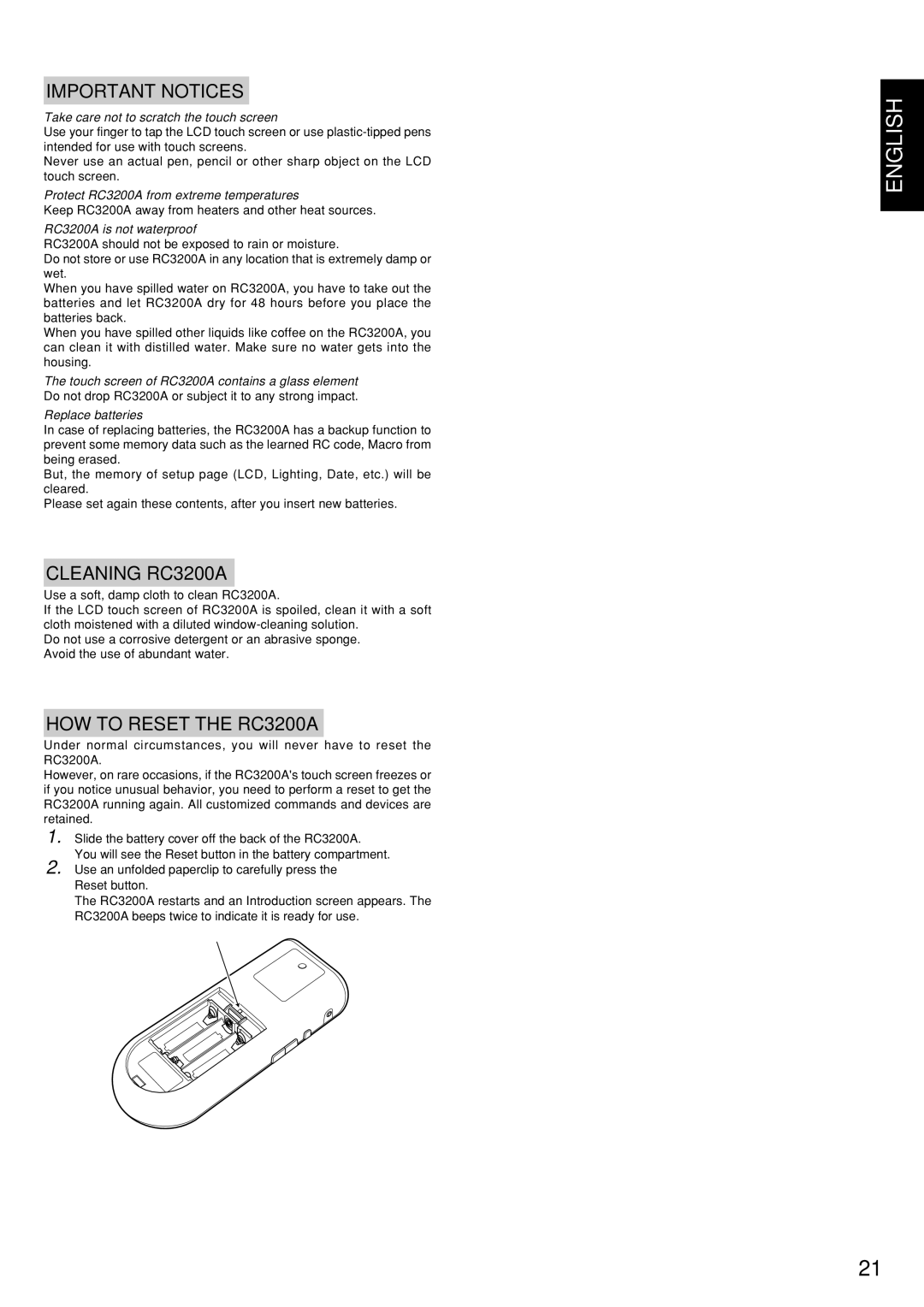 Marantz SR9200 manual Important Notices, Cleaning RC3200A, HOW to Reset the RC3200A 